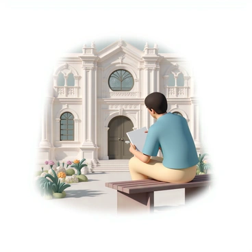 A person, wearing a blue shirt and light brown pants, is sitting on a wooden bench. They are focused on sketching an old, ornate building in front of them. The building features intricate architectural details, including arched windows, decorative columns, and a large, embellished entrance. The person is holding a sketchbook on their lap with a pencil in hand, carefully drawing the various elements of the architecture. Sunlight casts soft shadows on the building's facade, highlighting its age and craftsmanship. Nearby, a few colorful flowers are blooming in the garden surrounding the building.