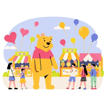 "Winnie the Pooh" is standing in a colorful balloon festival. He is admiring a variety of balloons in different shapes and sizes, including a large red heart balloon and a yellow star balloon. Around him, there are several festive stalls, each decorated with bright banners and filled with treats such as honey pots and colorful candies. Children are laughing and playing nearby, and a few balloons are floating above their heads. The sky is a clear blue, enhancing the lively atmosphere of the festival.