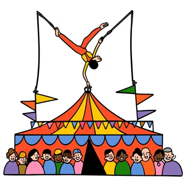 A circus performer with light skin and short black hair is performing an acrobatic flip between two trapeze bars high above a cheering crowd. The performer is wearing a bright red and yellow costume that catches the light as they soar through the air. Below, the audience is filled with amazed faces, and colorful banners decorate the circus tent. The scene is vibrant, with spotlights illuminating the performer and creating a sense of excitement in the atmosphere.