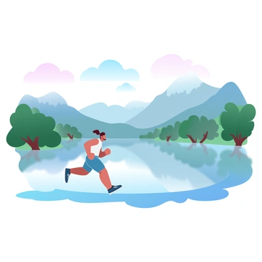 A runner in athletic gear is jogging along the edge of a calm lake. The surface of the lake perfectly reflects the surrounding mountains in the background. The mountains are detailed with varying shades of green and gray, showcasing their rugged terrain. Lush trees line the shoreline, creating a natural frame around the scene. The sky above is filled with soft gradient pastel colors, adding a tranquil ambiance to the overall image.