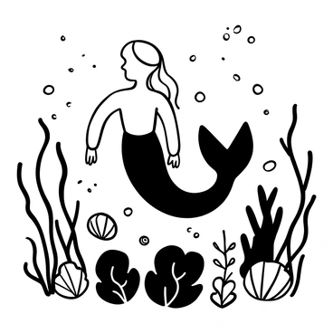 A whimsical mermaid with a long, flowing hair and a flounder tail gracefully swimming amidst thick seaweed. The seashells are scattered along the ocean floor, and small bubbles rise around her. The mermaid is surrounded by various sea plants swaying gently in the current.