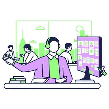 A manager wearing headphones is sitting at a desk, immersed in a video conference. The manager has short hair and is dressed in a formal shirt and a blazer. The screen in front displays a grid of faces, indicating multiple participants. Around the desk, there are various office supplies, including a notebook and a pen. In the background, the office is busy with employees working at their desks, some engaging in discussions, while others are typing on computers. A large window reveals a view of a city skyline.