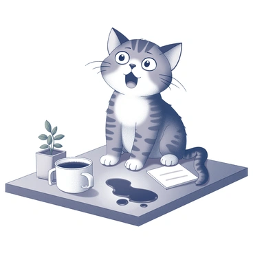 A surprised cat looking at a cup of coffee that has just spilled on a desk.
