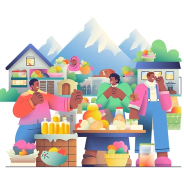 A mountain village market is bustling with activity, set against a backdrop of majestic, snow-capped peaks. Locals with diverse skin tones are engaged in trading honey and cheese, creating a vibrant atmosphere. A wooden stall overflowing with jars of golden honey sits prominently in the foreground, with sunlight reflecting off the glistening surface. Beside it, a rustic table displays various types of cheese, showcasing different textures and colors. Some villagers are exchanging goods, while others are admiring the products, with smiles on their faces. Colorful baskets filled with fresh produce are scattered throughout the market, adding to the lively scene. In the background, quaint wooden houses with flower boxes can be seen, further enhancing the charm of the village.