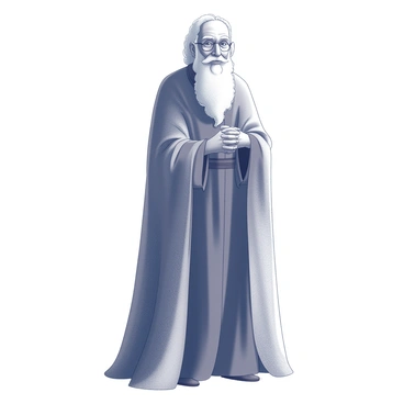 An elder with a long, flowing cloak that appears to be made of shimmering light. The elder's face is lined with wisdom, and they have a long beard that flows down to their chest. Their hands are gently clasped in front of them, showing age and experience. The cloak drapes elegantly around their body, giving the appearance of movement as if it is flowing in the breeze. The elder stands tall, with a serene expression, surrounded by an aura of wisdom and knowledge.