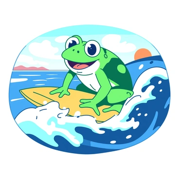 A green frog with large, expressive eyes is riding a big wave on a yellow surfboard. The frog has a wide smile, showcasing its excitement. The wave is curling dramatically, with frothy white spray cascading around the board. In the background, the ocean stretches far into the horizon, and the sky is clear with a hint of orange from the setting sun. The frog's webbed feet grip the surfboard, and droplets of water are flying off as it balances perfectly on the wave.