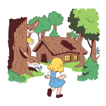 A group of forest animals is peeking out from behind various trees, observing a young girl with golden hair as she approaches a small, quaint cottage nestled among the trees. There is a curious fox with bright orange fur peeking from behind a large tree trunk. A brown rabbit with soft fur stands on its hind legs, looking towards the girl with wide eyes. A colorful bluebird is perched on a nearby branch, chirping softly. The cottage is made of wood with a thatched roof, and a warm glow emanates from its windows. The scene is vibrant, filled with the sense of wonder and anticipation as Goldilocks moves closer.