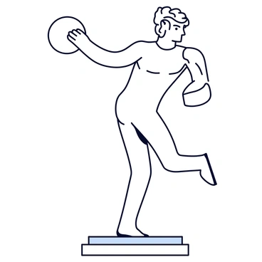 A marble statue of an ancient Greek discus thrower captured in mid-throw, showcasing the athlete's strong physique and dynamic pose. The figure is depicted with one arm extended forward, holding a discus, while the other arm is bent back for balance. The statue stands on a simple pedestal, emphasizing the detailed representation of the muscles and movement. The surface of the statue has a smooth finish, highlighting the craftsmanship of the ancient sculptor.