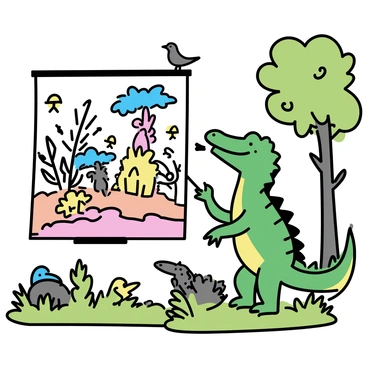 A crocodile with vibrant green scales is standing on its hind legs, holding a paintbrush in its mouth. It is painting a colorful mural on a large tree trunk wall in the jungle. The mural depicts various jungle animals and lush plants in bright hues of red, blue, yellow, and orange. Surrounding the crocodile are dense foliage and tall trees, along with a few curious birds perched nearby, watching the artwork being created. The ground is covered with green grass and scattered leaves, enhancing the jungle atmosphere.