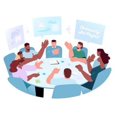 An artist is sitting at a large round table in a community center, surrounded by a diverse group of people. The artist is holding a sketchbook and a pencil, actively taking notes. Community members are sharing their ideas and suggestions, with some leaning forward enthusiastically while others are gesturing with their hands to emphasize their thoughts. On the table, there are colorful markers, sticky notes, and samples of different materials that could be used in the art project. Large posters with "Community Art Project" written on them are displayed on the walls behind the group. The atmosphere is lively, with a sense of collaboration and creativity filling the space.