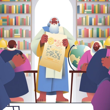 An ancient philosopher with a long, flowing white beard and robes is standing in the center of a candle-lit library. He is carefully unveiling an ornate scroll that is adorned with intricate symbols and drawings. The philosopher is looking intently at the scroll, with an expression of excitement and wisdom. Surrounding him, a group of attentive scholars, each dressed in dark robes, are seated at wooden tables. They have expressions of curiosity and intrigue as they lean forward, listening intently. The walls of the library are lined with tall bookshelves filled with ancient books, and flickering candles cast warm light across the scene. A large globe is positioned in one corner, adding to the scholarly atmosphere.