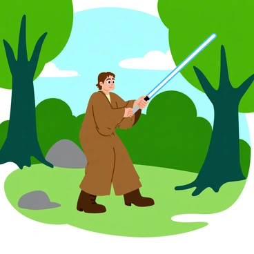 A young Jedi wearing a brown robe is practicing lightsaber skills in a forest clearing. The Jedi wields a blue lightsaber, which emits a bright glow as it slices through the air. Surrounding the clearing, tall green trees with thick trunks and vibrant leaves create a natural backdrop. Sunlight filters through the branches, casting dappled light on the ground. The young Jedi is focused and poised, demonstrating precise movements amidst the tranquil setting.