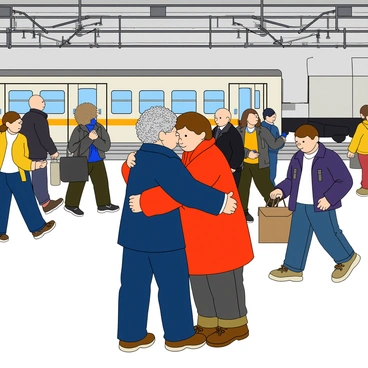 Two old friends are standing in a busy train station, embracing each other tightly. One friend has curly gray hair and is wearing a blue jacket, while the other has short brown hair and is dressed in a red coat. Around them, several people are moving hurriedly, some carrying bags and others looking at their phones. A large train is visible in the background, with its doors open, and there are benches scattered throughout the station. The atmosphere is lively with the hustle and bustle of travelers.