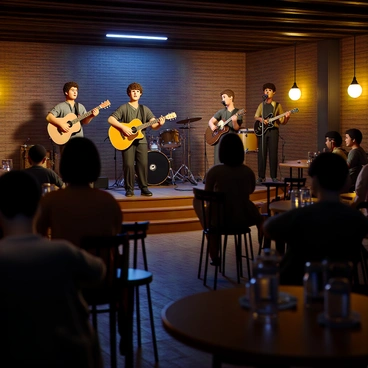 A lively blues club with a wooden floor and brick walls, dimly lit by soft yellow and blue lights. On the stage, a group of musicians is performing. The lead guitarist, a man with short curly hair, is passionately playing a vintage guitar. Beside him, a woman with long curly hair is singing into a microphone, wearing a stylish black dress. The drummer, positioned at the back, is energetically playing a drum set. The audience is seated at small round tables, enjoying the music, with glasses of drinks in front of them. The atmosphere is filled with a sense of energy and excitement.