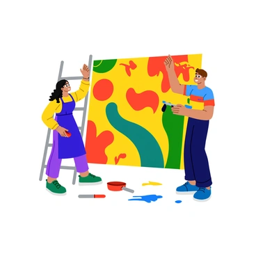 Two people are painting together on a large mural. One person is a woman with long, curly black hair, wearing a bright blue apron, while the other is a man with short, cropped brown hair, dressed in a colorful t-shirt. They are standing on a ladder and reaching up to add vibrant colorful shapes to the mural. The mural features a dynamic mix of patterns and symbols representing different cultures, with bold colors like red, yellow, and green dominating the scene. Paint splatters and brushes are scattered around them on the ground, highlighting their creative process.
