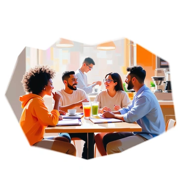 A diverse group of friends is gathered around a table at a café, engaging in a lively brainstorming session about saving money. There are four friends: a Black woman with curly hair, a Hispanic man with a bearded face, an Asian woman wearing glasses, and a White man with short hair. They are seated at a wooden table with several notebooks and pens scattered around. Each friend appears focused and animated, sharing ideas with excitement. The café has a warm atmosphere, with soft lighting and a few small plants on the windowsill. In the background, a barista can be seen preparing coffee. The friends are sipping on drinks, with one friend holding a cup of coffee, while another has a smoothie in front of them. The scene captures their collaboration and friendship.