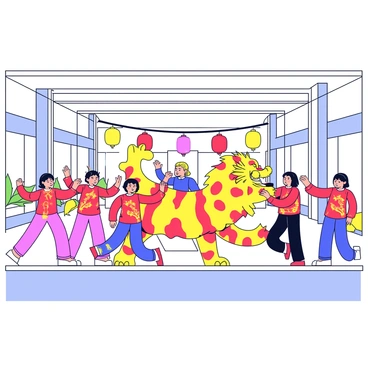 A group of performers practicing "barongsai" choreography. The performers wear colorful traditional costumes featuring bold red and gold patterns. They are positioned in a spacious open community center with high ceilings and large windows. The floor is polished and reflects the vibrant colors of the costumes. Some performers are skillfully manipulating the large lion head, demonstrating fluid and dynamic movements, while others are in a supportive stance, creating an engaging atmosphere of teamwork and rhythm. "Barongsai" decorations, such as lanterns and banners, adorn the walls, adding to the festive ambiance.