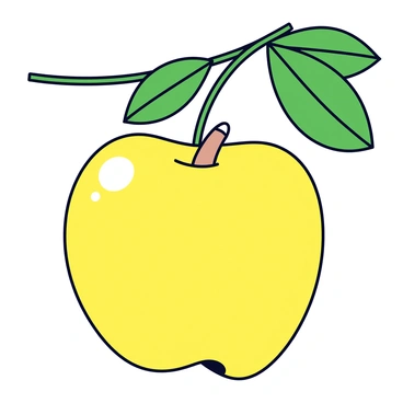 A golden apple hanging from a branch of a green tree. The apple has a shiny surface and is prominently displayed, with a small, light brown worm peeking out from a tiny hole. The tree has lush green leaves that frame the apple, emphasizing its vibrant color. The scene captures the essence of temptation and hidden surprises.