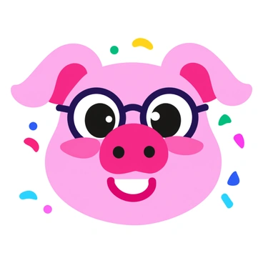A pig face with a round, pink snout and fluffy ears. The pig has oversized round glasses perched on its snout, accentuating its big, curious eyes. Its cheeks are plump, and it wears a cheeky grin, showing off its tiny teeth. The background features colorful confetti, adding to the playful atmosphere of the image.