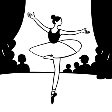 A graceful ballet dancer wearing a flowing tutu is positioned elegantly on stage, with one leg raised in a perfect arabesque. Her arms are extended gracefully, complementing the arch of her back. The stage is illuminated by soft lighting, casting long shadows. In the background, there are silhouettes of curtains and faint outlines of an audience observing the performance. The dancer's feet are adorned with satin pointe shoes, adding to the overall grace of the scene.
