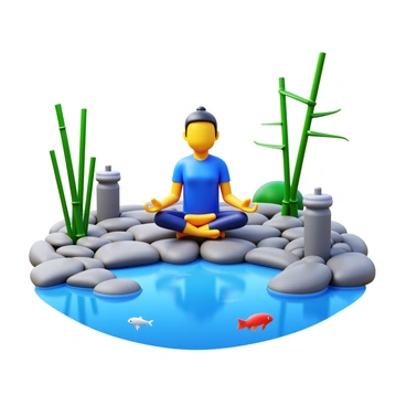 A person sitting cross-legged in a meditative pose. They are surrounded by a Japanese zen garden with smooth pebbles and carefully raked patterns. Elegant water features are present, including a small pond with koi fish swimming gracefully. Bamboo plants and serene stone lanterns are placed strategically around the garden. A gentle breeze creates ripples on the water's surface, enhancing the peaceful atmosphere.