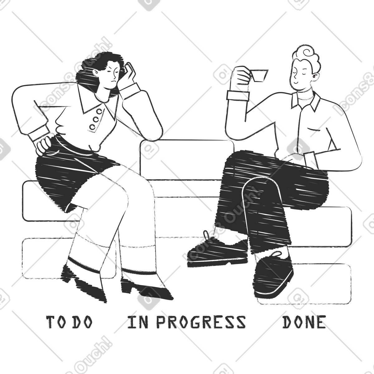 Illustration Collègues assis sur les colonnes du tableau kanban dans le style Graphite à télécharger aux formats PNG, SVG