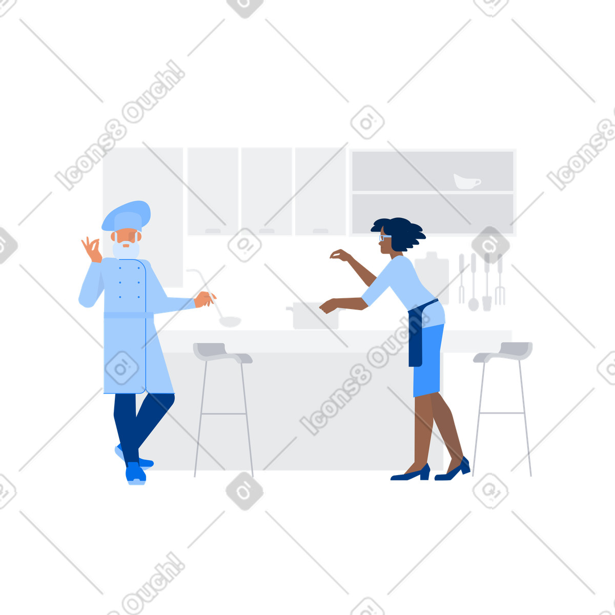 Chef and assistant cooking together in kitchen, Culinary teamwork or class illustration Urban style download PNG, SVG