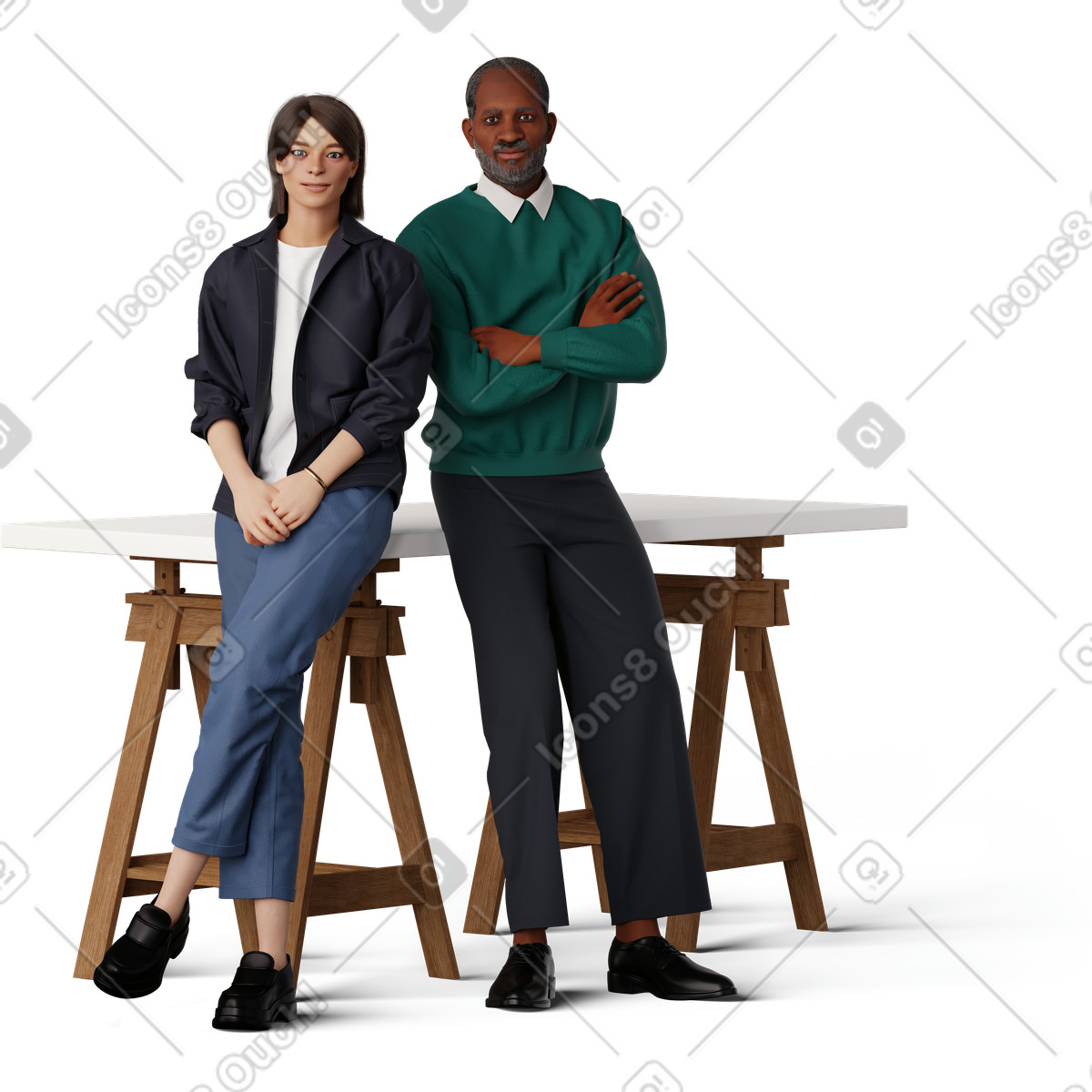 Uomo e giovane donna appoggiati alla scrivania sorridenti illustrazione in stile 3D Hygge scarica in PNG, SVG