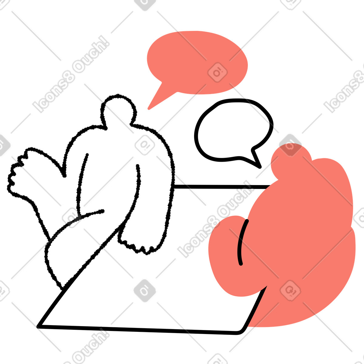 Bold People 스타일의 Conversation characters sitting at table with two speech bubbles above 일러스트레이션 PNG, SVG 다운로드