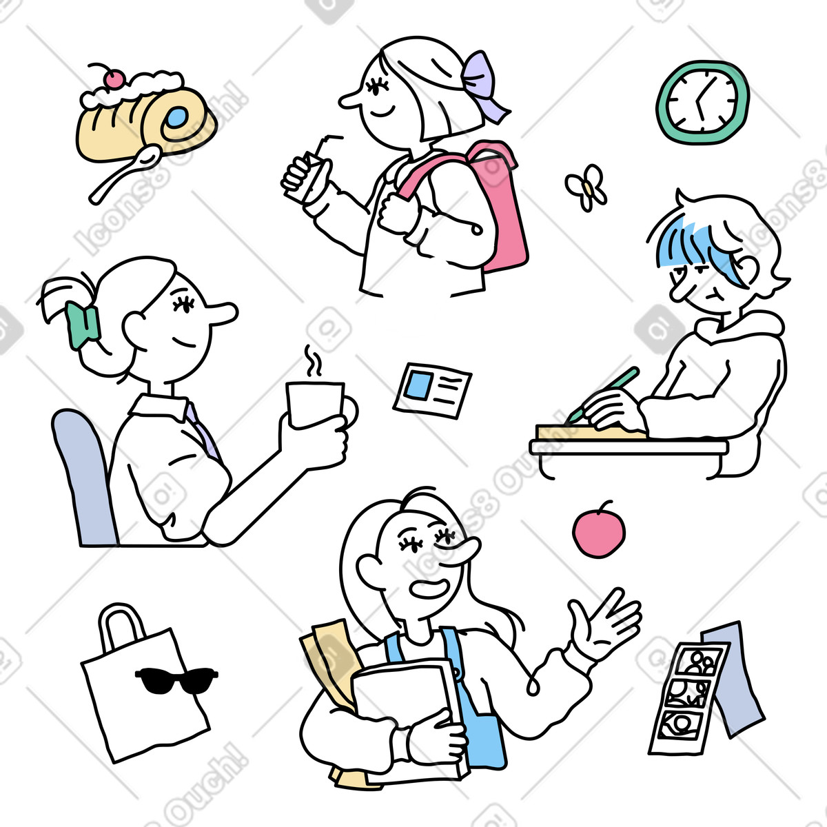 女性的人生阶段和发展插图，PNG、SVG格式