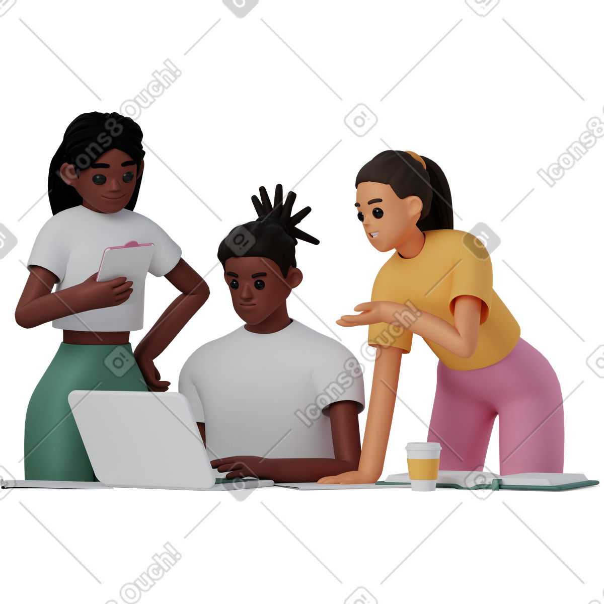 3D Casual life スタイルの Team collaborating around laptop, project planning and teamwork のイラストをPNG、SVG形式でダウンロード