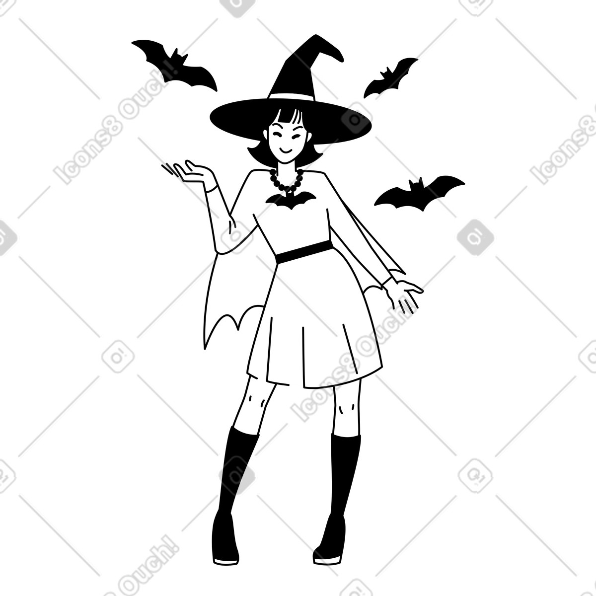Ilustração de Jovem mulher usando um chapéu bruxa e morcegos voando em no estilo Weekday para baixar em PNG, SVG