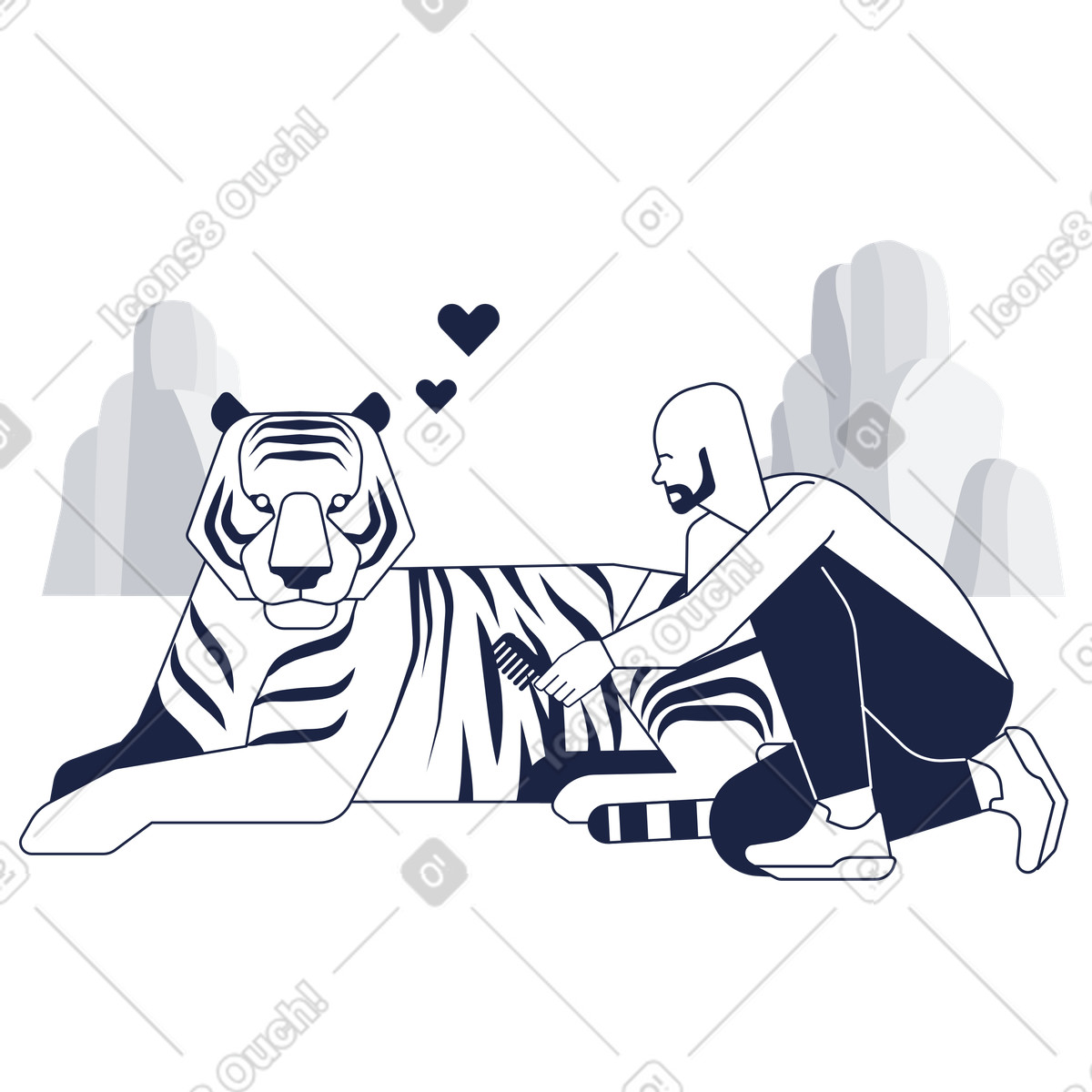 Groomer brushing tiger outdoors, exotic animal care and wildlife conservation illustration in Urban Line style download in PNG, SVG