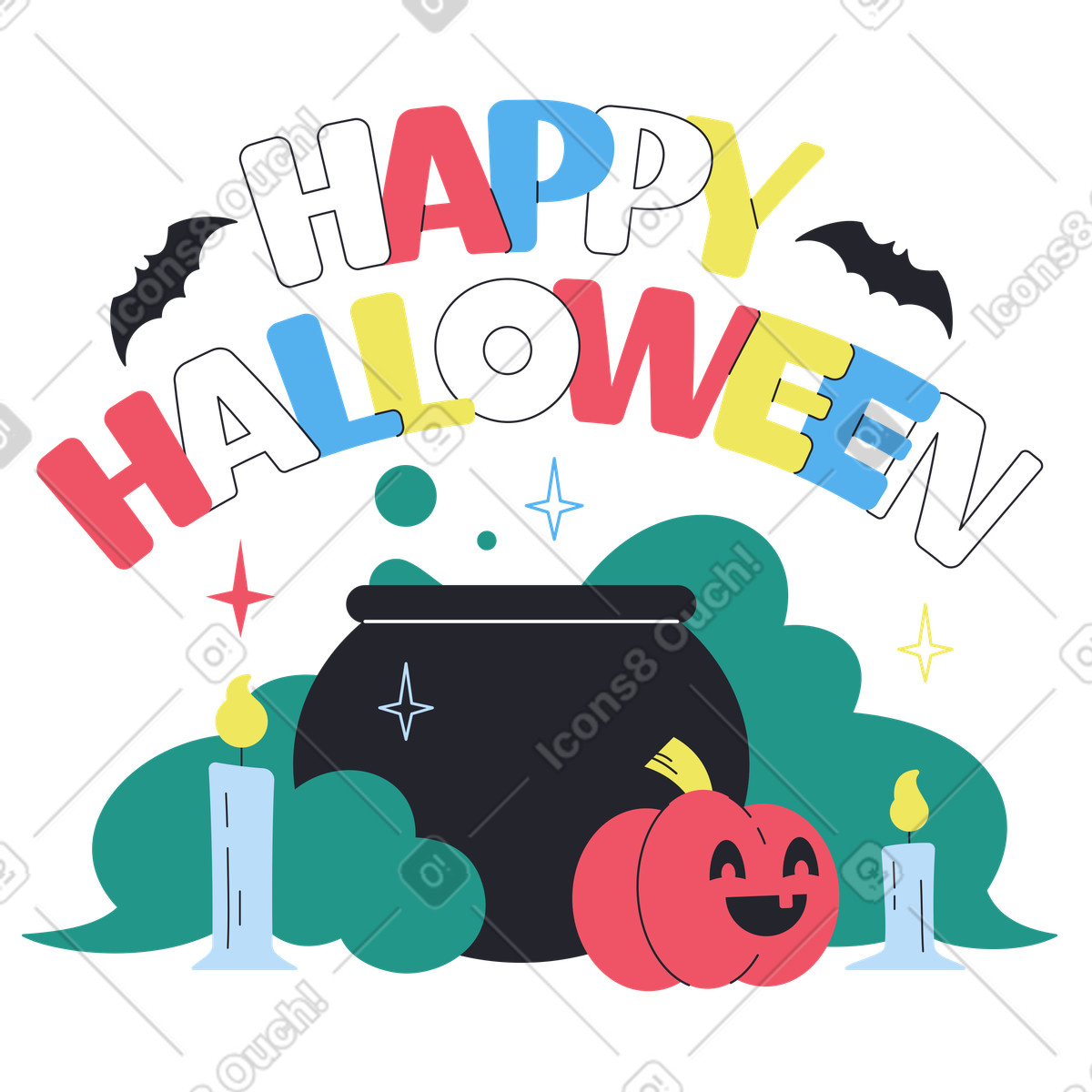 Illustration Cauldron for witch's potion and carved pumpkin, Halloween greeting or party invitation dans le style Boba à télécharger aux formats PNG, SVG