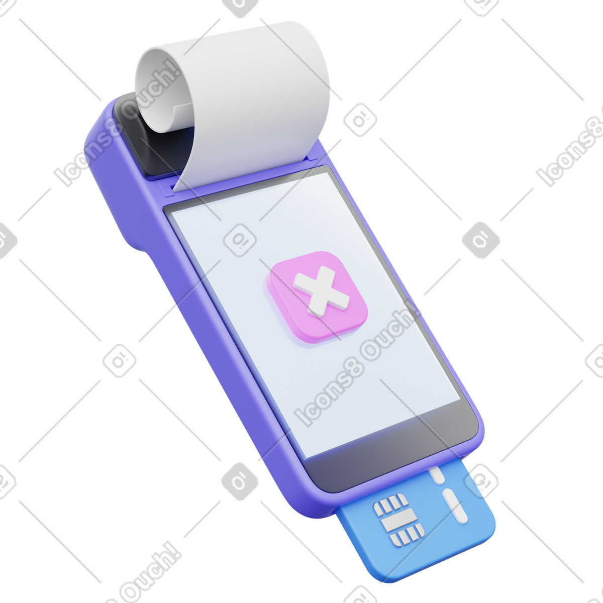 POS terminal card decline, Point of sale device with receipt pink cross chip card, Failed payment illustration in 3D Playful style download in PNG, SVG