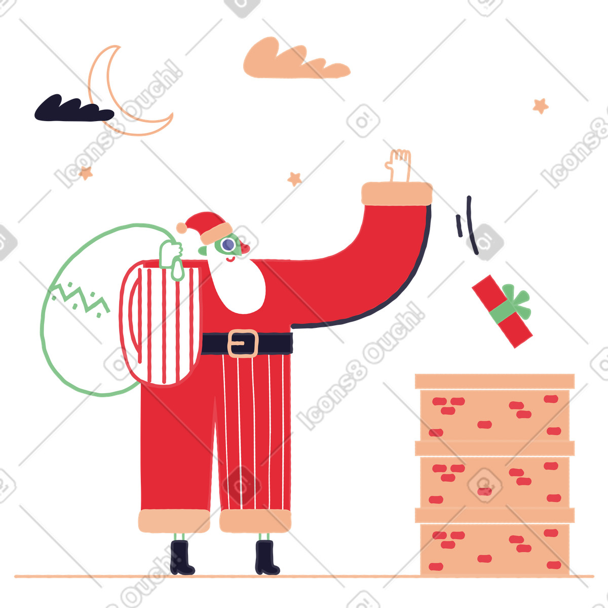 Babbo natale che mette i regali di nel camino illustrazione in stile Stripy scarica in PNG, SVG