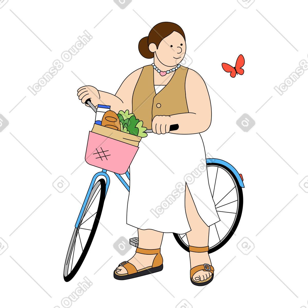 Ilustração de Uma jovem rola sua bicicleta com compras em no estilo Kindy para baixar em PNG, SVG