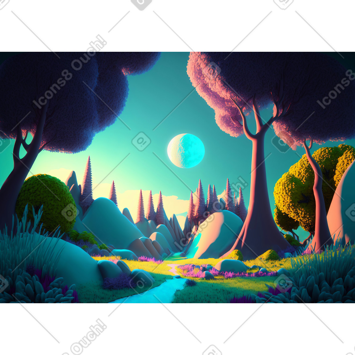 下载 Experimental 风格的 3d奇幻森林背景 插画，支持 PNG、SVG 格式