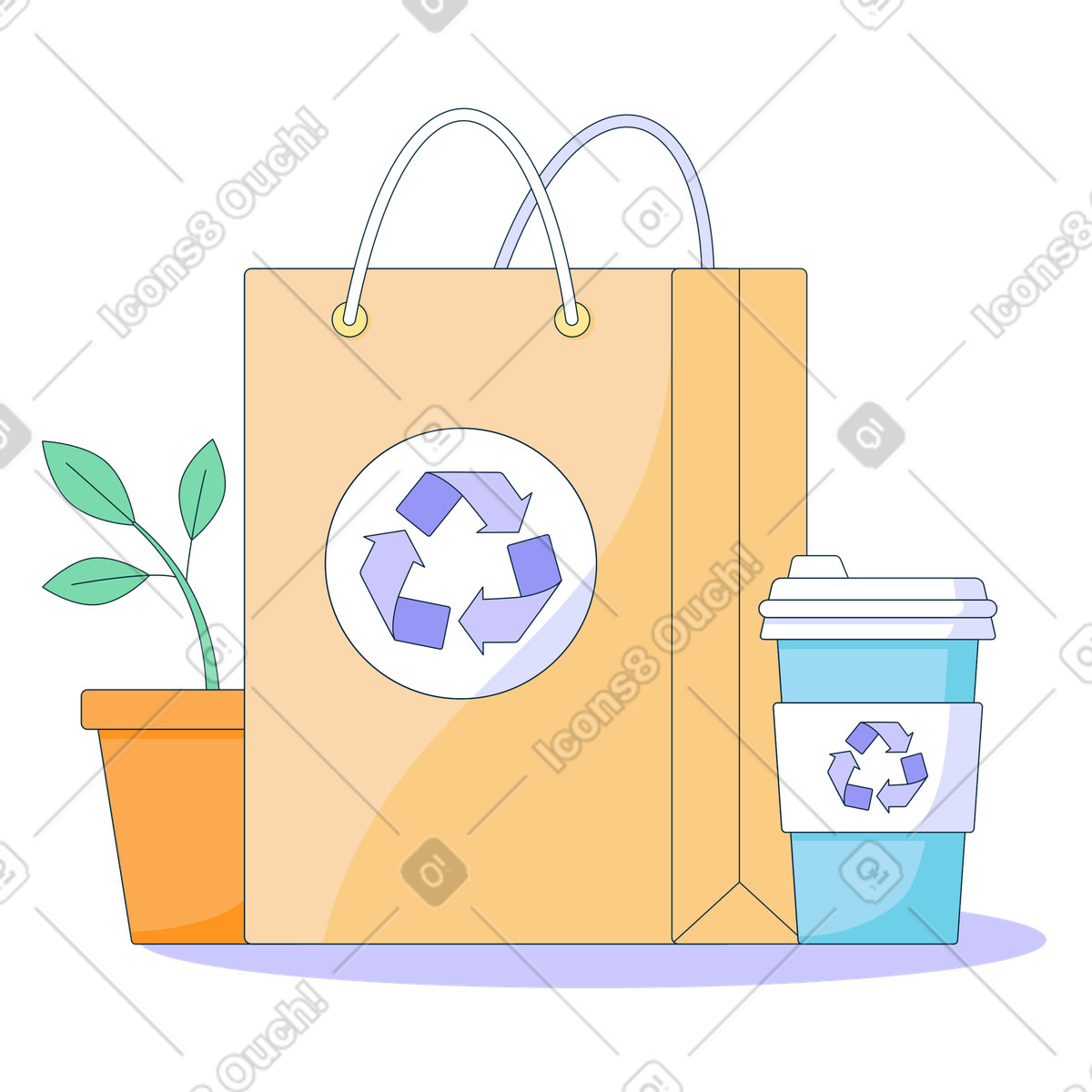 재활용 가능한 가방과 일회용 컵 illustration in Bubble gum style download in PNG, SVG