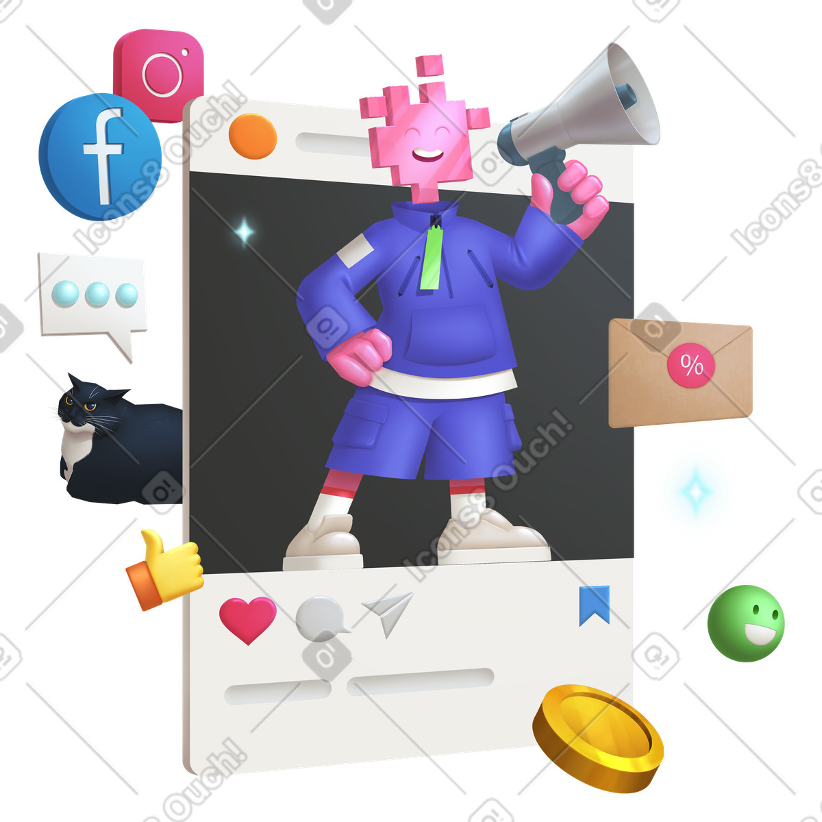 Social media post with digital influencer holding megaphone, network outreach and promotion illustration in Props style download in PNG, SVG