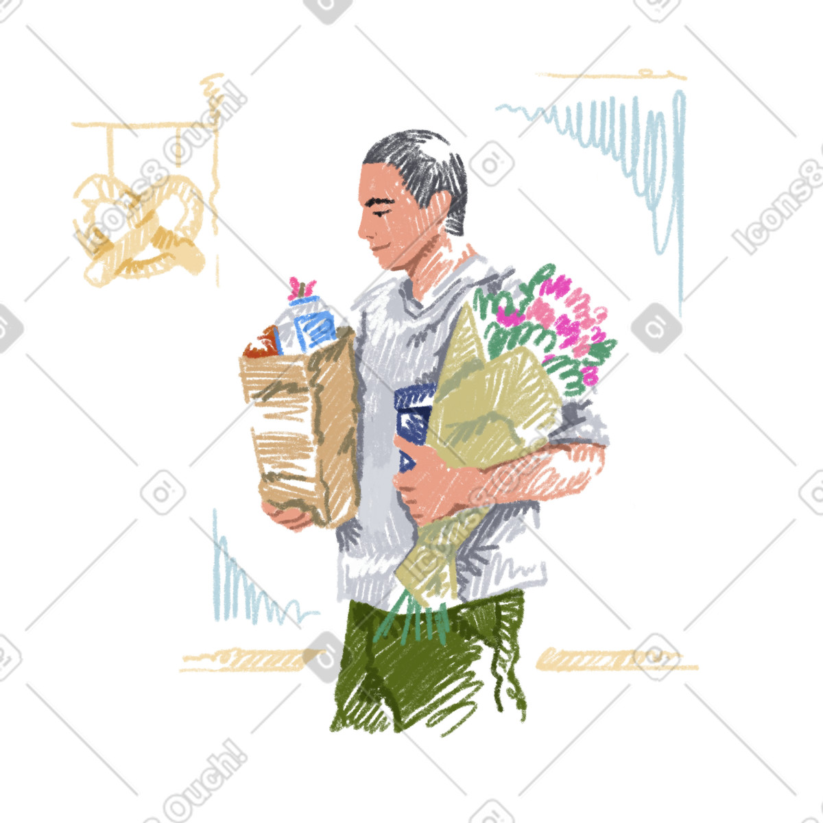Sketchbook 스타일의 Young man buying groceries and flowers 일러스트레이션 PNG, SVG 다운로드