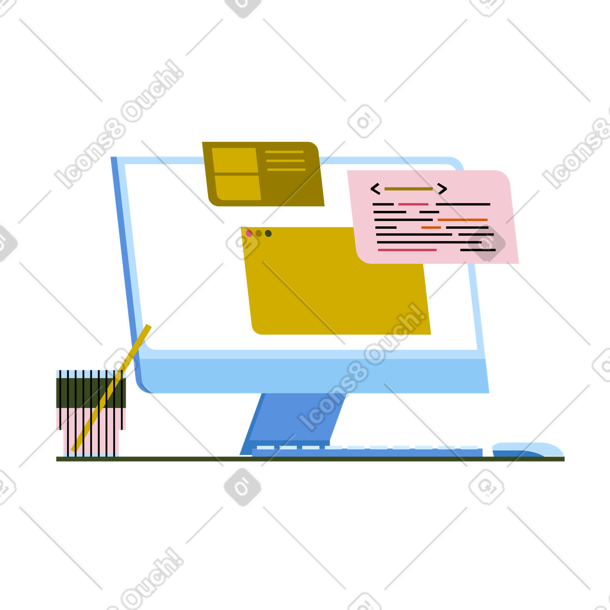 Illustration Lignes de code sur l'écran l'ordinateur bureau dans le style Vector à télécharger aux formats PNG, SVG