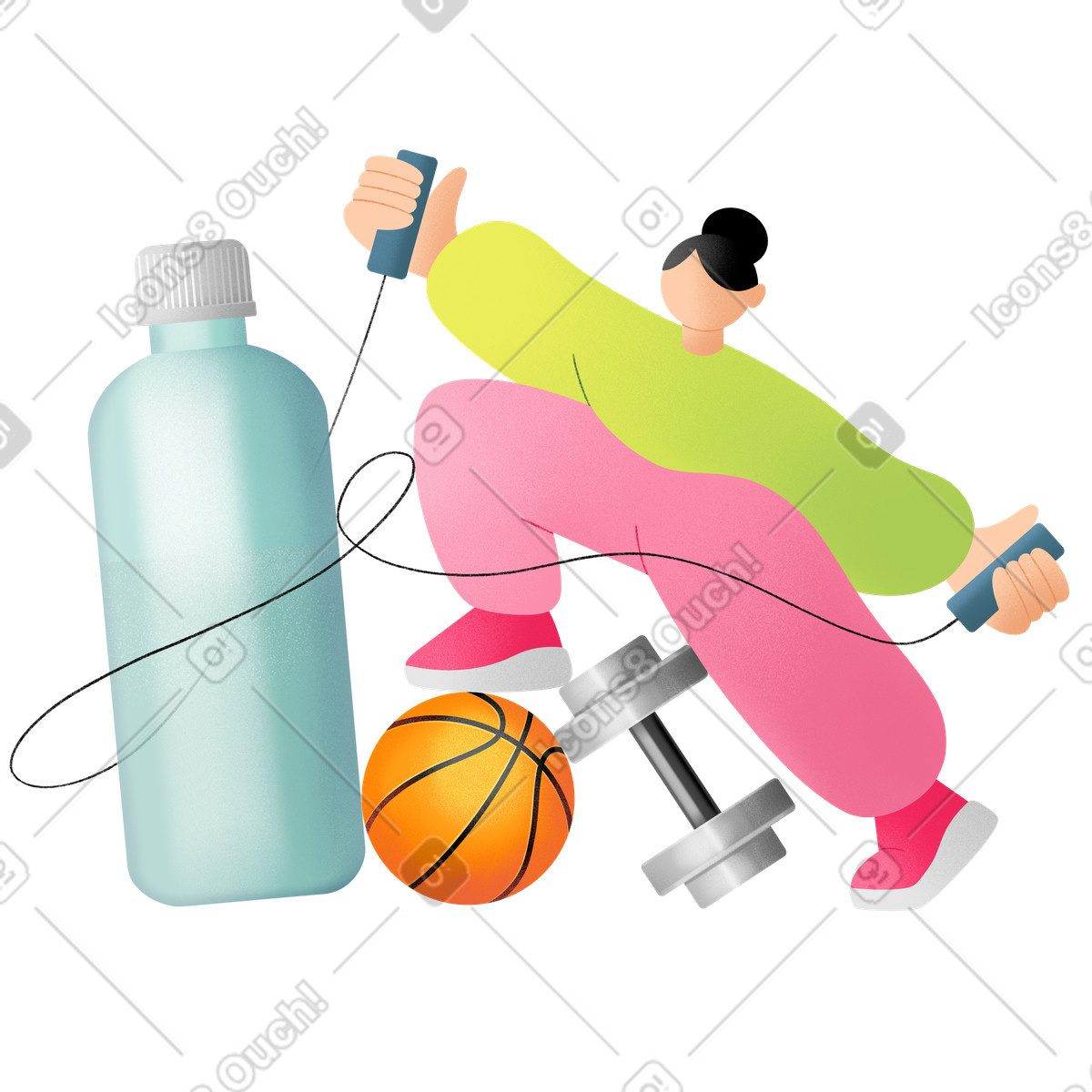 Illustration Femme faisant du sport, bouteille et équipement de sport dans le style Joy à télécharger aux formats PNG, SVG