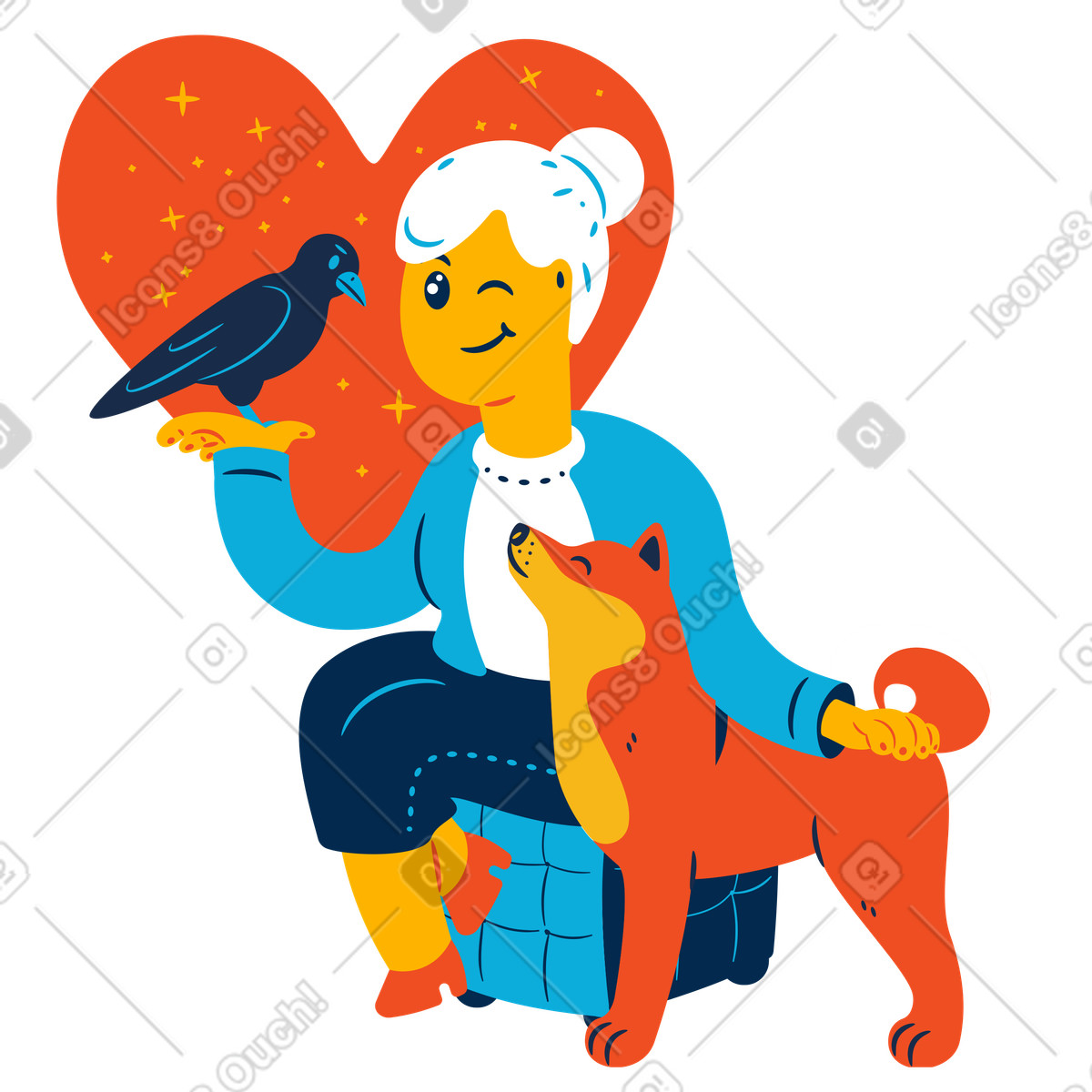 Vecchia signora che si prende cura di un corvo e cane illustrazione in stile Flame scarica in PNG, SVG
