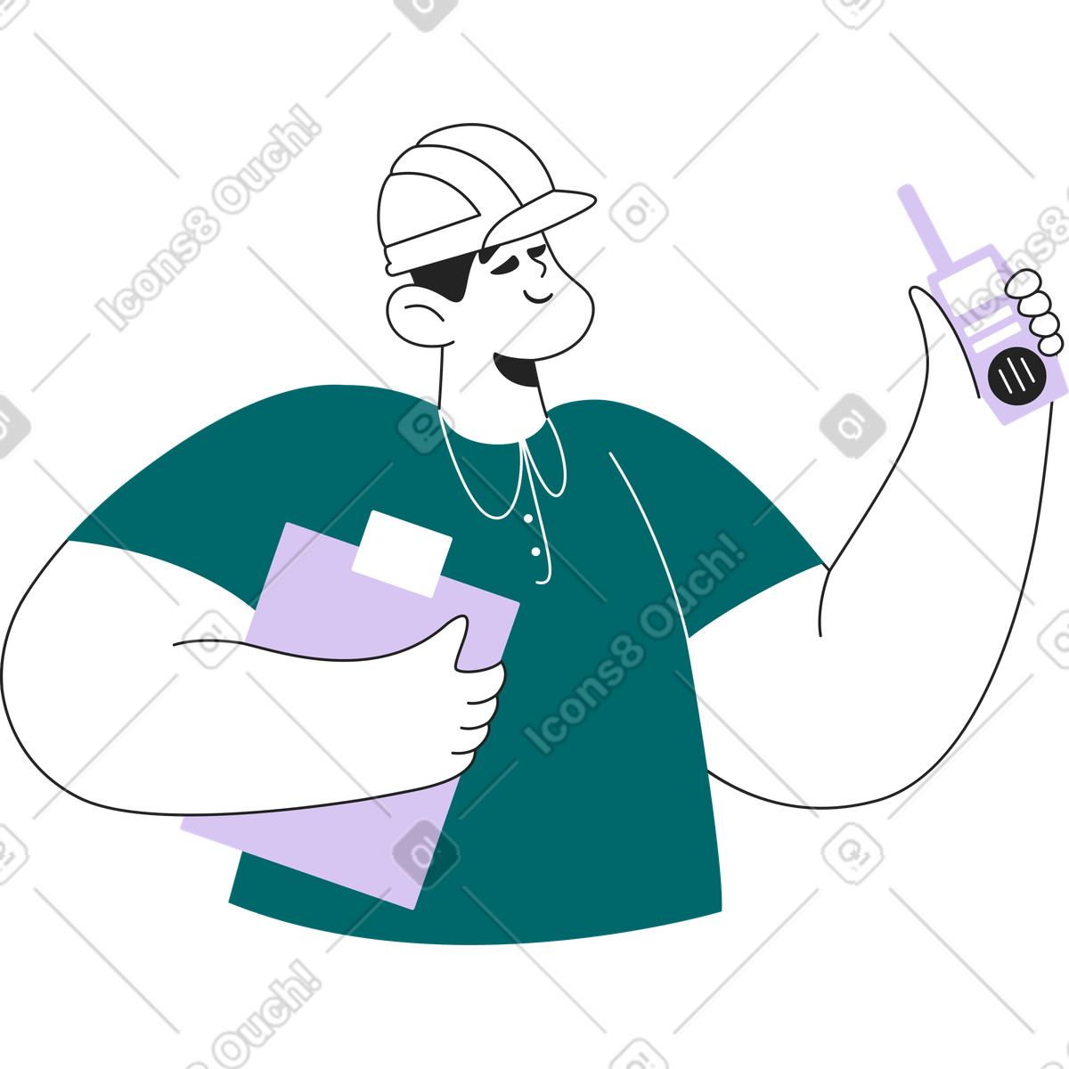 Illustration Un homme portant casque de construction tient dossier et talkie-walkie dans ses mains le style Sammy Line à télécharger aux formats PNG, SVG
