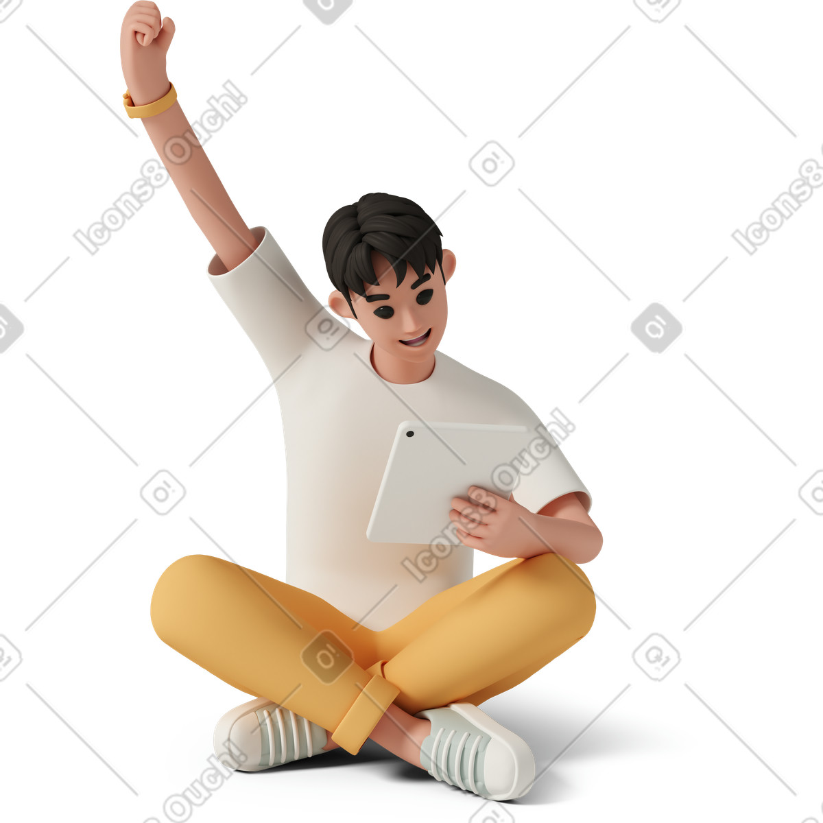 Ilustração de Young man with tablet celebrating success em no estilo 3D Casual life para baixar em PNG, SVG