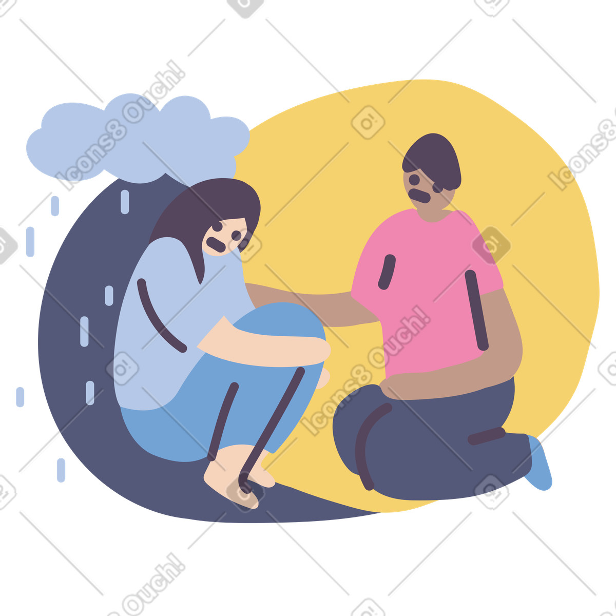 Ilustración Nube de lluvia sobre una mujer triste sentada contra el hombre que presta mano amiga en estilo Pluto a descargar en PNG y SVG