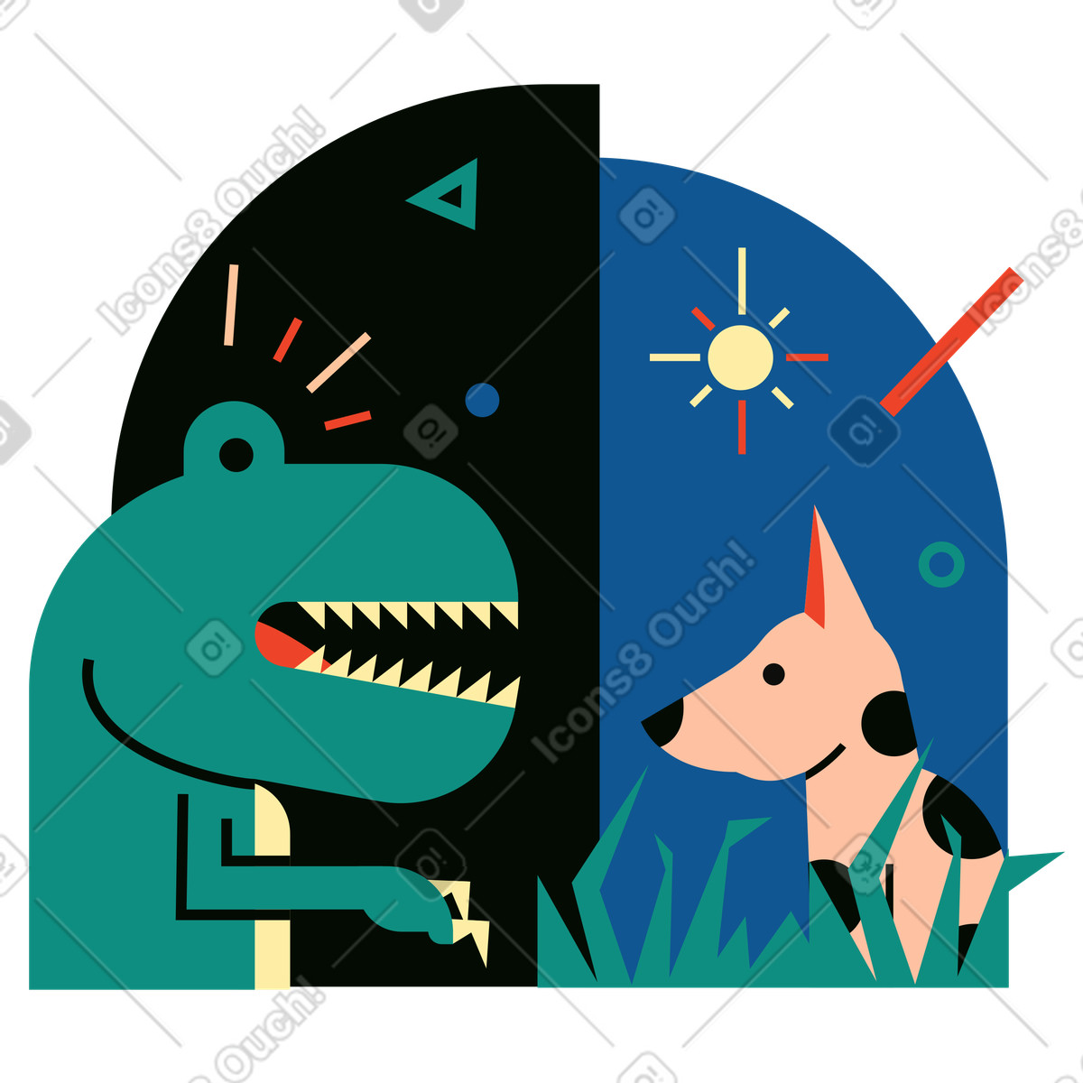 Dinosaur and dog facing each other, Unexpected meeting or unpleasant surprise illustrazione in stile Polar scarica in PNG, SVG