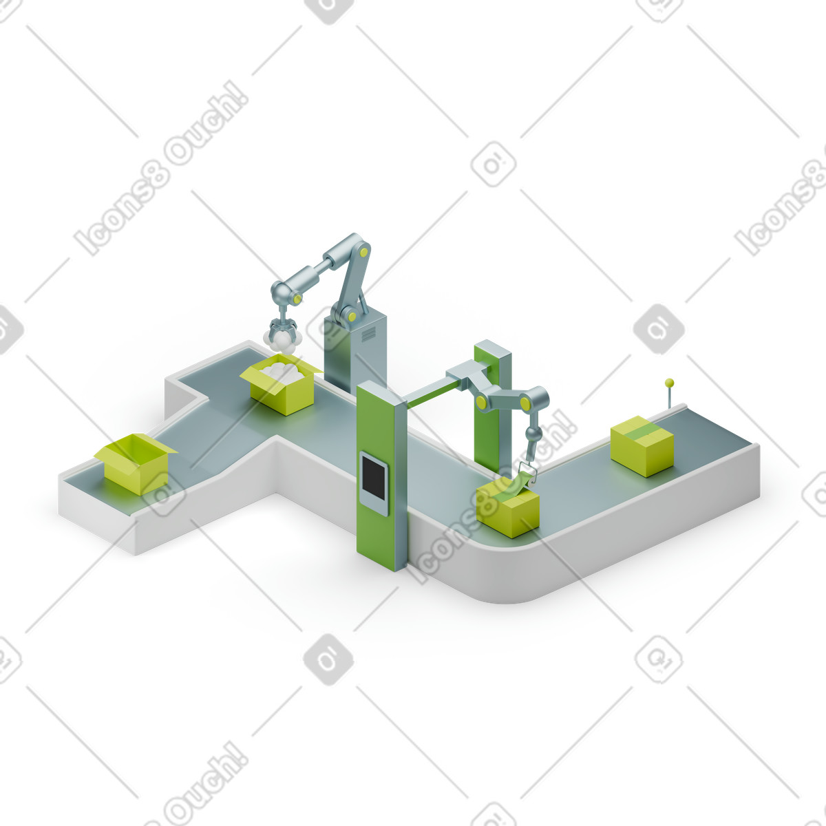 Automated products packaging with an industrial robot animated illustration in 3D Isometric style download in GIF, Lottie (JSON), AE