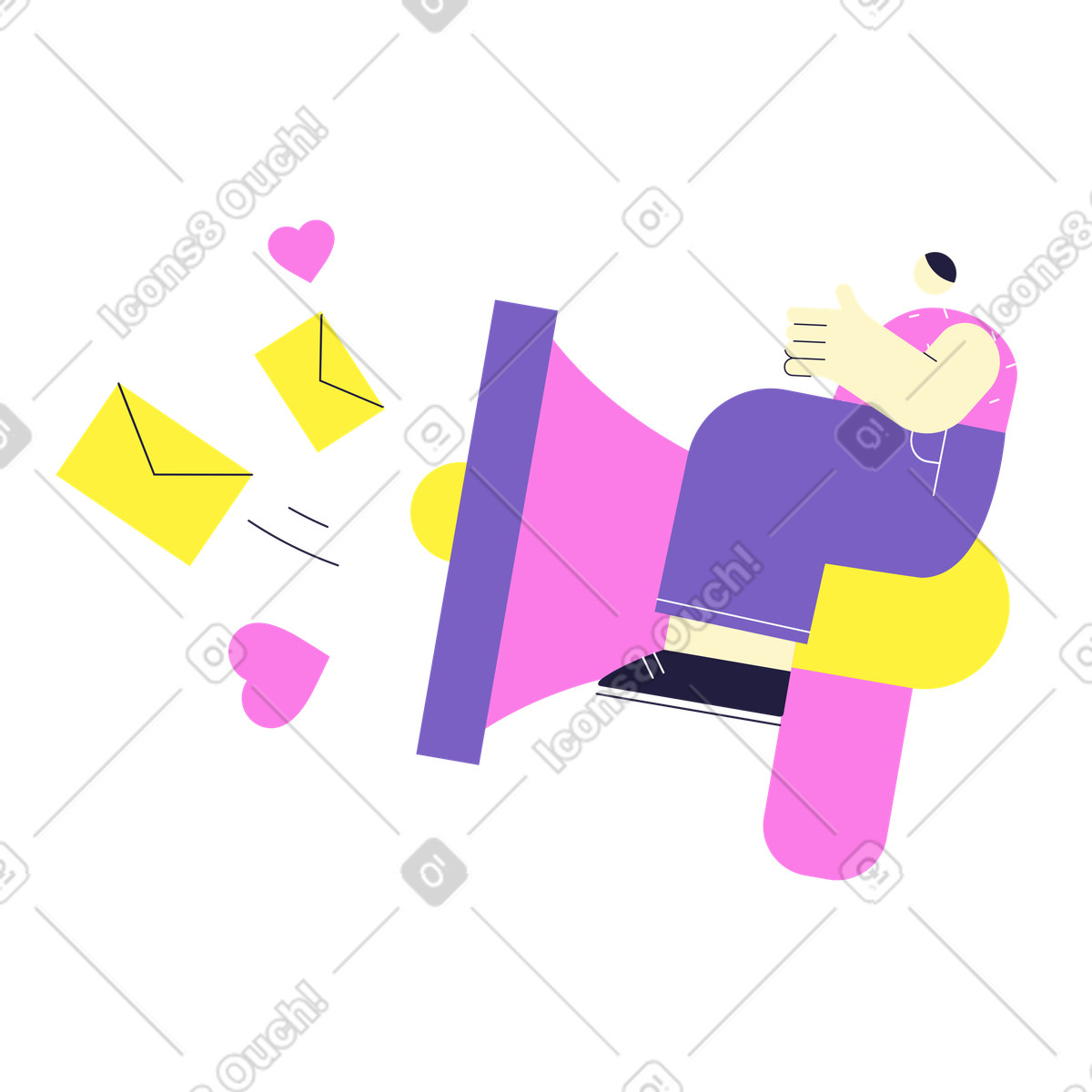 Illustration Homme assis sur un haut-parleur avec des lettres et aime dans le style Mellow à télécharger aux formats PNG, SVG